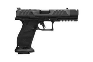 Full-size optic ready 9mm pistol with flared magazine well, standard sights, and compensator.
